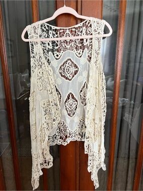 Boho Crochet Lace Open-Front Vest - Cream